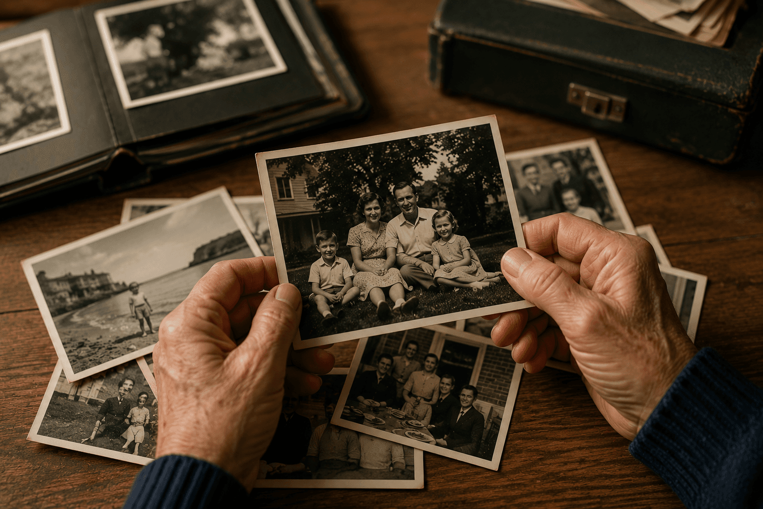 Hands carefully looking through old family photographs