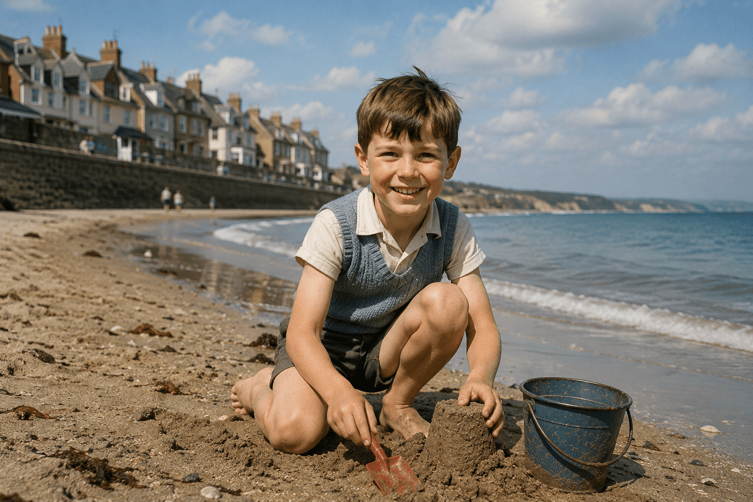 A fictional childhood photograph of John Whitmore playing on a British beach