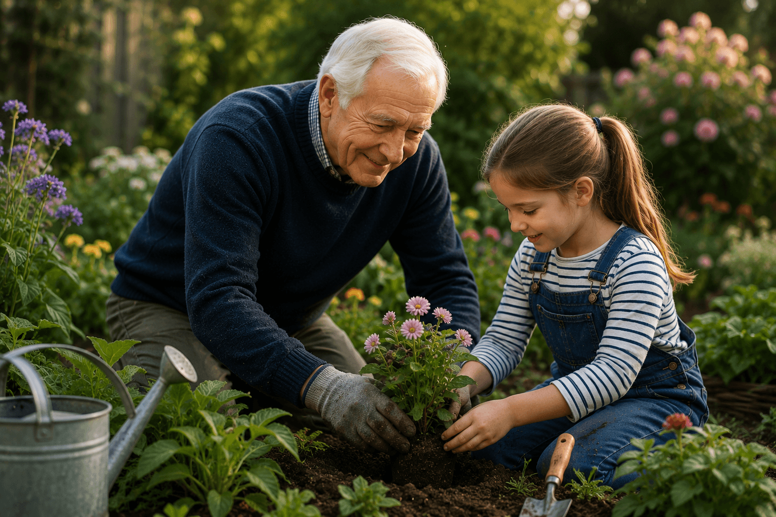 John Whitmore gardening with his fictional granddaughter